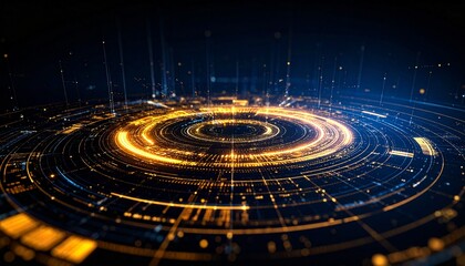 Abstract digital data visualization with glowing circular patterns and interconnected nodes, symbolizing technological advancement and global network connectivity.