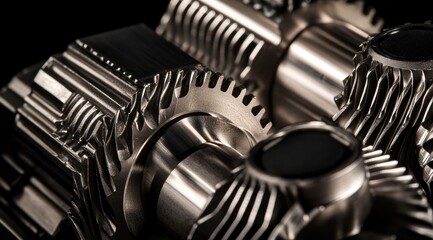 Close-up shot of meticulously crafted metallic gears interlocked, showcasing intricate details and textures against a stark black background. 