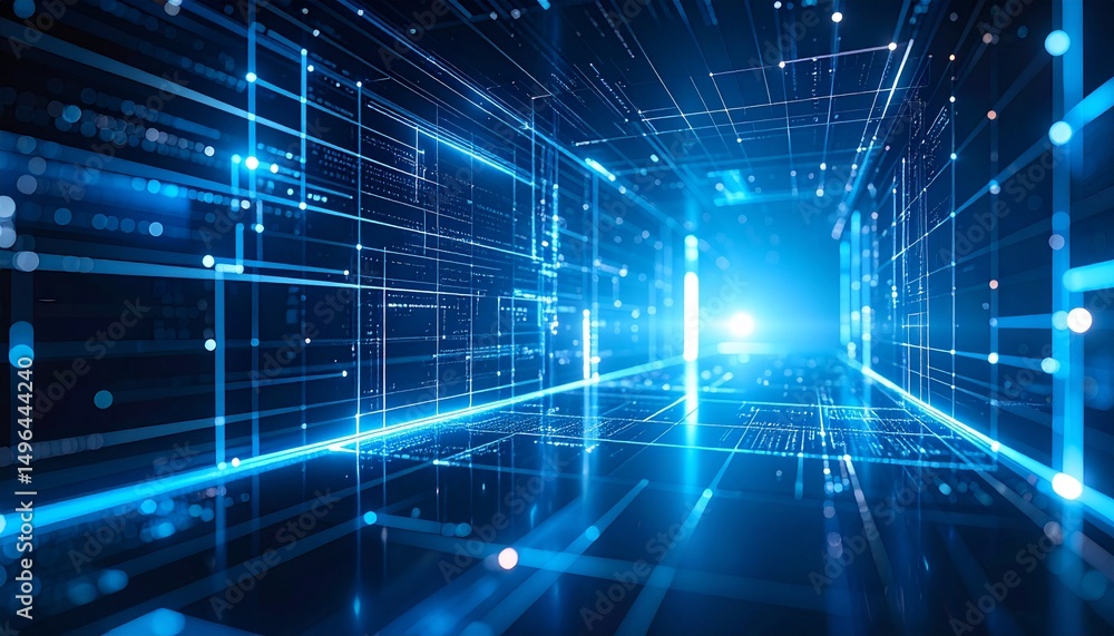 Poster abstract digital tunnel with glowing blue lines and digital data. it's a futuristic and technologica