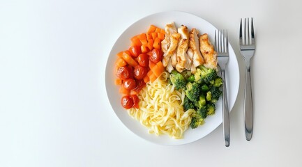 Overhead shot of a healthy meal grilled chicken breast, pasta, broccoli, cherry tomatoes, and carrots arranged on a white plate, alongside a fork and knife on a white background