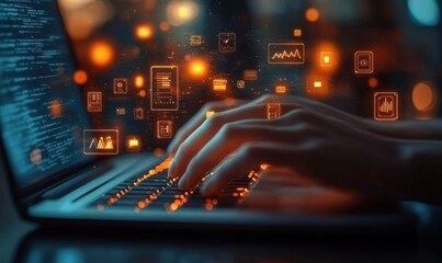 Close-up of hands typing on a laptop keyboard with glowing digital icons and graphs floating above, representing data processing and technology innovation