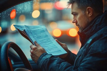 Man sitting inside a car reading documents with a focused and serious expression against a blurred background of city lights and rainy weather