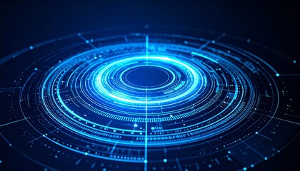 Fototapeta premium Abstract technological background with glowing blue circular rings and lines. The image evokes a sense of innovation, technology, and futuristic design.
