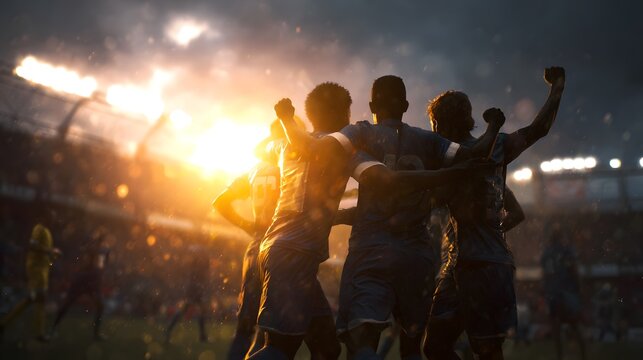 Soccer team celebrating victory with arms raised in stadium at sunset in dramatic lighting scene