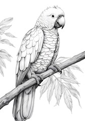 Obraz premium A realistic, happy parrot sitting on the branch of a tree coloring page.