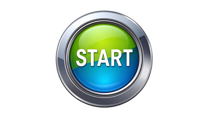 A close-up shot of a shiny start button with a gradient green and blue circle in the center