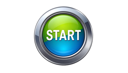 A close-up shot of a shiny start button with a gradient green and blue circle in the center