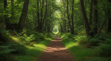 Obraz premium Pathway through Enchanted Forest: An inviting pathway winds through a verdant forest, offering a tranquil escape into a realm of lush greenery and dappled sunlight.