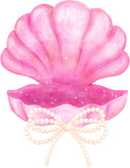 Pink Coquette Open Clam Seashell with Pearl Bow watercolour