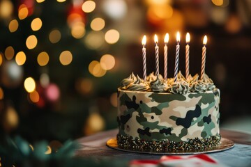 Birthday cake decorated in military camouflage with candles lit for celebration at festive gathering, Birthday cake with candles and military camouflage pattern on table against festive background