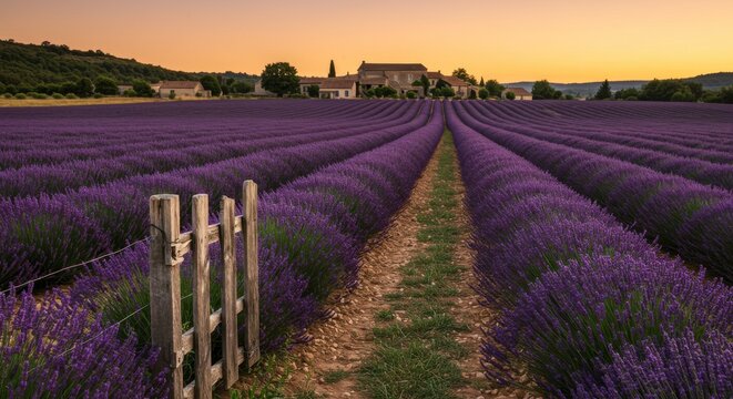 Lavender Field at Sunset: A picturesque landscape of neatly arranged lavender rows stretch towards a rustic villa. The purple field is bathed in the soft glow of the sunset, creating a tranquil. - Powered by Adobe