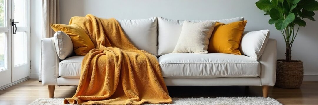 A stylish throw blanket draped over a modern sofa in a bright living room, ready to be gifted Perfect for adding warmth and comfort to any home Ideal housewarming or birthday present , plush, design