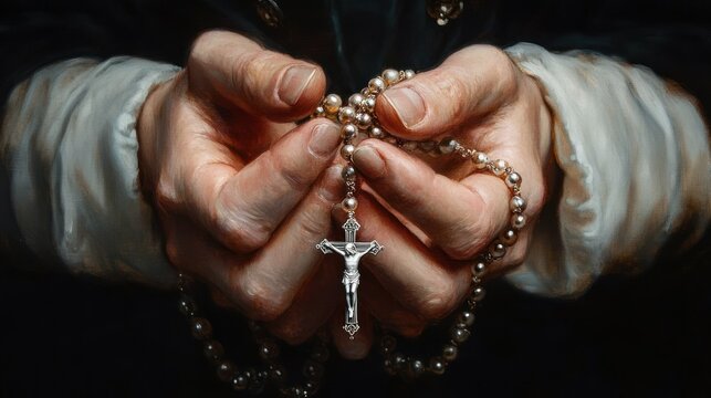 Close-up of aged hands holding a silver rosary with a crucifix, evoking a sense of devotion and reverence