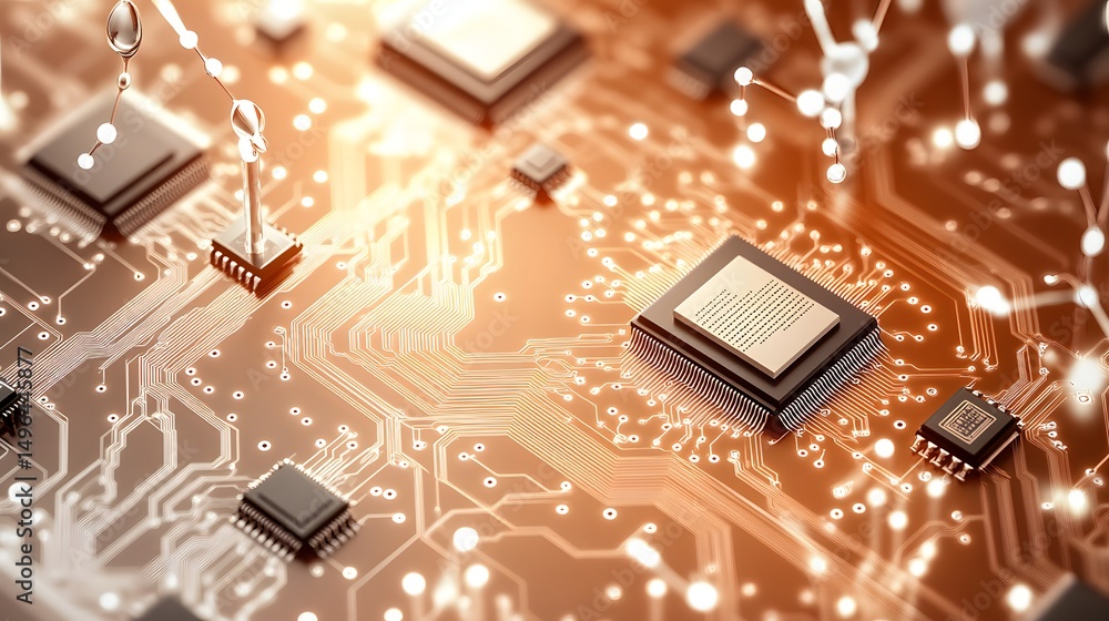 Poster detailed close-up view of complex circuit board components.