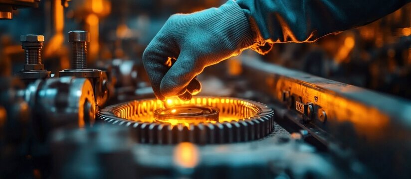 Close-up of a gloved hand adjusting a mechanical gear component on an industrial machine with warm glowing lights in a workshop