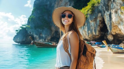 Smiling young woman with sunglasses and straw hat standing on a tropical beach with turquoise water and rocky cliffs in the background on a sunny day