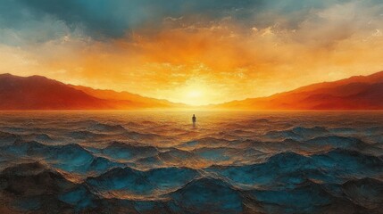 Solitary person standing on textured waves facing a bright, dramatic sunset with orange and blue hues and distant mountainous landscape