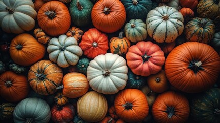 Assortment of pumpkins and gourds in various shapes, sizes, and colors arranged closely together creating a rich autumnal display