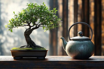 A small bonsai tree with lush green leaves and moss sits next to an old metal teapot on a wooden surface with softly blurred background light
