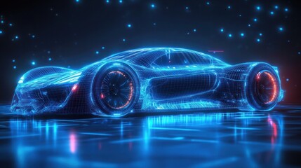 Futuristic wireframe sports car glowing with blue neon lights on reflective surface against dark background with scattered light particles conveying advanced technology and speed
