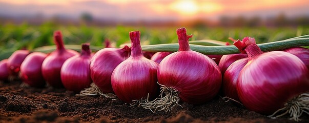 Close-up of fresh red onions with roots laid out on soil in a field during sunset with blurred green plants in the background