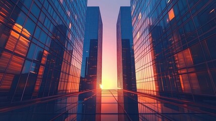 Sunset reflecting on the glass facades of symmetrical modern skyscrapers creating a vibrant cityscape glow