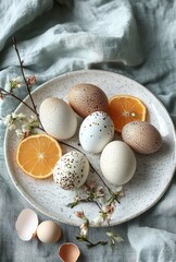 Speckled and plain eggs arranged on a white ceramic plate with orange slices and small white blossoms on rustic linen fabric