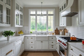 Fototapeta premium Bright and Airy Kitchen Featuring White Cabinets and Expansive Windows