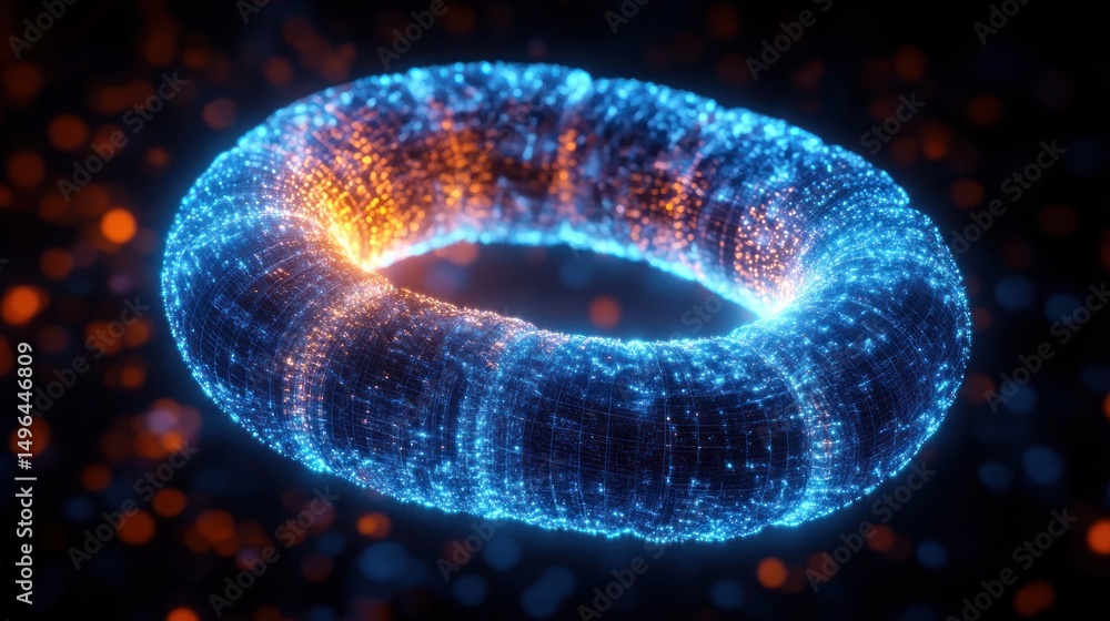 Poster glowing digital torus shape composed of blue and orange illuminated grid points against dark backgro