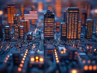 Obraz premium Futuristic cityscape model with illuminated skyscrapers and an American flag integrated on a glowing circuit board representing technology and urban development