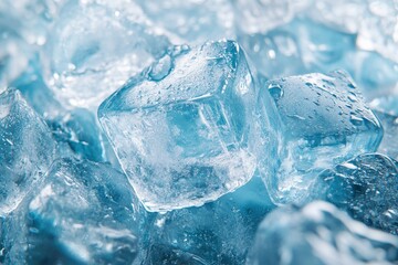 Closeup of clear ice cubes with water droplets on an abstract blue background showcasing cooling effects, Ice cubes closeup, abstract background