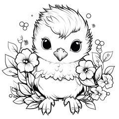 Kawaii cute baby bird with flowers coloring page for kids.