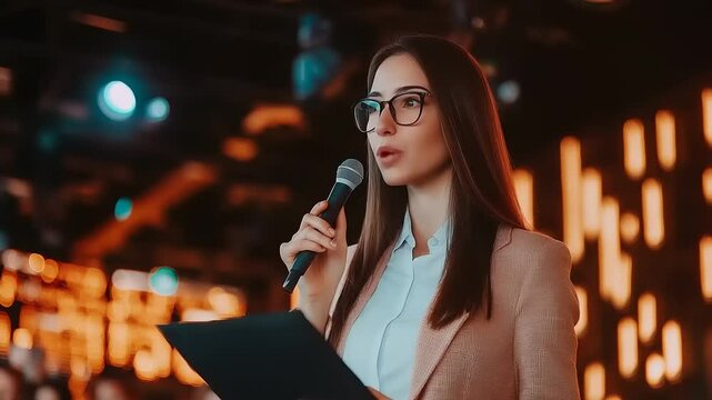 Woman with glasses speaks into microphone, holding notes, against a blurred, warm-lit background
