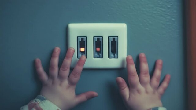 Child's Hands Reaching for Light Switch on Wall with Gray Background in a Cozy Indoor Environment 4k video footage
