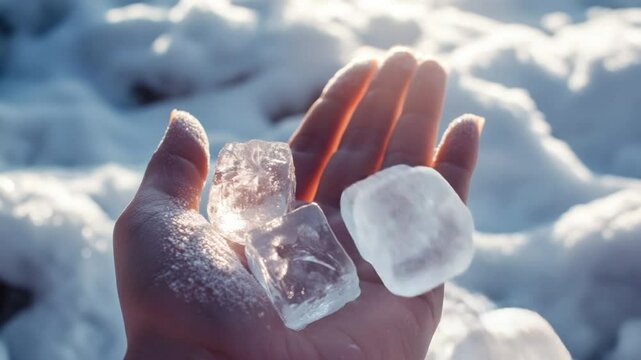 Handholding Sparkling Ice Cubes Against a Blurry Winter Background in Natural Light 4k video footage