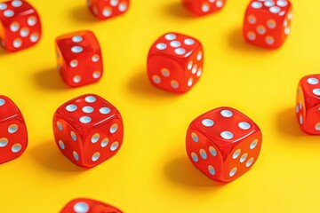Scattered red translucent dice with white dots on a bright yellow background creating a playful and vibrant atmosphere