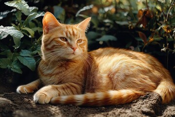 Obraz premium Relaxed orange tabby cat lying on the soil outdoors surrounded by green plants with warm sunlight illuminating its fur