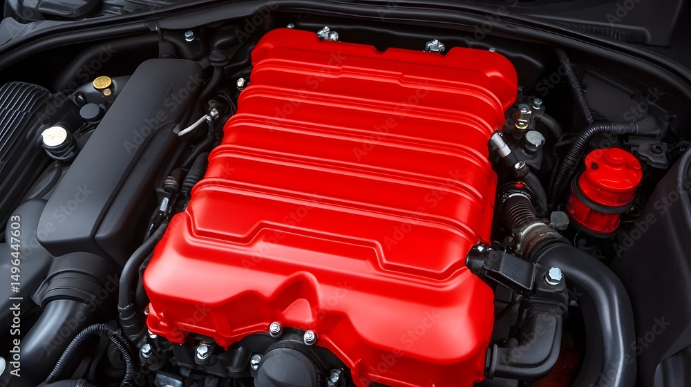 Aufkleber closeup of a bright red engine component in a vehicle engine bay.