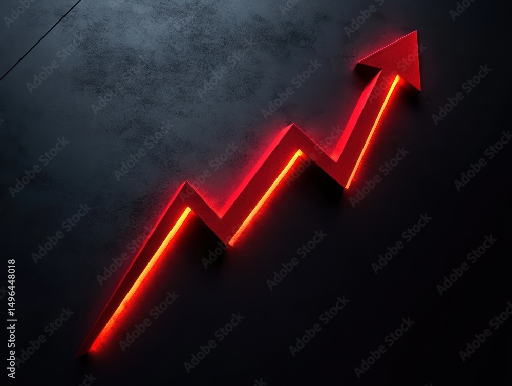 Aufkleber glowing red zigzag arrow pointing upwards on dark textured background symbolizing growth or increase