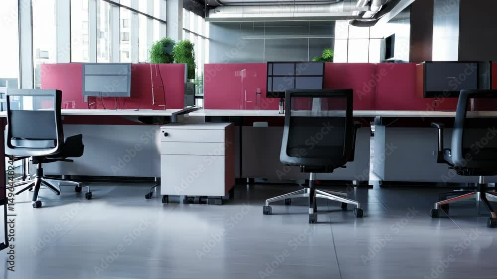 Poster modern office space with desks and computers in bright environment