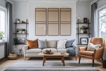 Obraz premium Scandinavian Style Living Room with Cozy Armchair and Vertical Canvas Frame Display