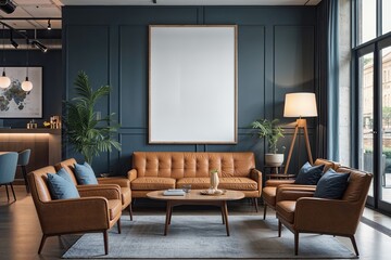 Scandinavian Inspired Office Lounge Design with Minimalist Blank Poster Frame Concept