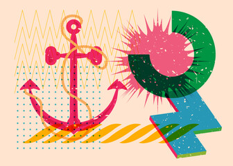 Risograph Anchor with geometric shapes. Objects in trendy riso graph print texture style design with geometry elements.