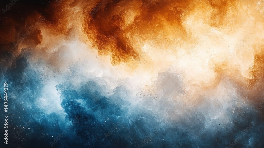 Poster abstract cloud-like formations blending warm orange and cool blue tones creating a dynamic, swirling
