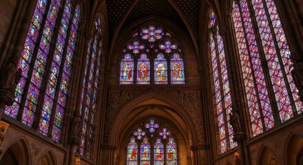 Obraz premium Colorful Stained Glass in Place: Architectural grandeur unfolds with a mesmerizing display of vibrant stained glass windows, casting enchanting hues of light and shadow within a historic church. 