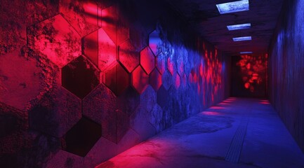 A long, narrow corridor with hexagonal tile walls illuminated by red and blue neon lights, creating a futuristic, slightly grunge aesthetic