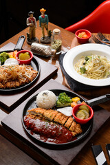 Pork cutlet set and cream pasta
