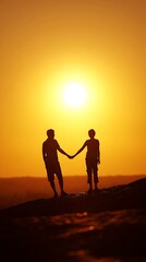 Silhouetted Couple Holding Hands at Sunset, Romantic Golden Hour Scene.