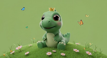 Fototapeta premium Adorable cartoon dinosaur with a crown sitting in a field of daisies