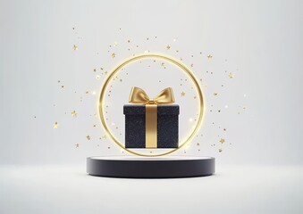 Gift box on pedestal, golden ring, stars